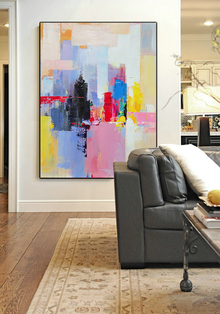Extra Large 72" Acrylic Painting,Vertical Palette Knife Contemporary Art,Contemporary Art Canvas Painting,Black,Red,Pink,Yellow.etc